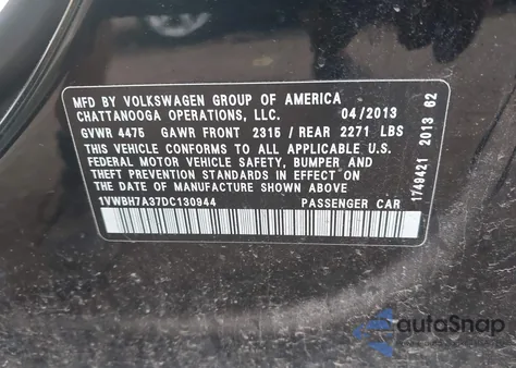 2013 Volkswagen Passat 2.5L Se from USA, damaged, VIN 1VWBH7A37DC130944